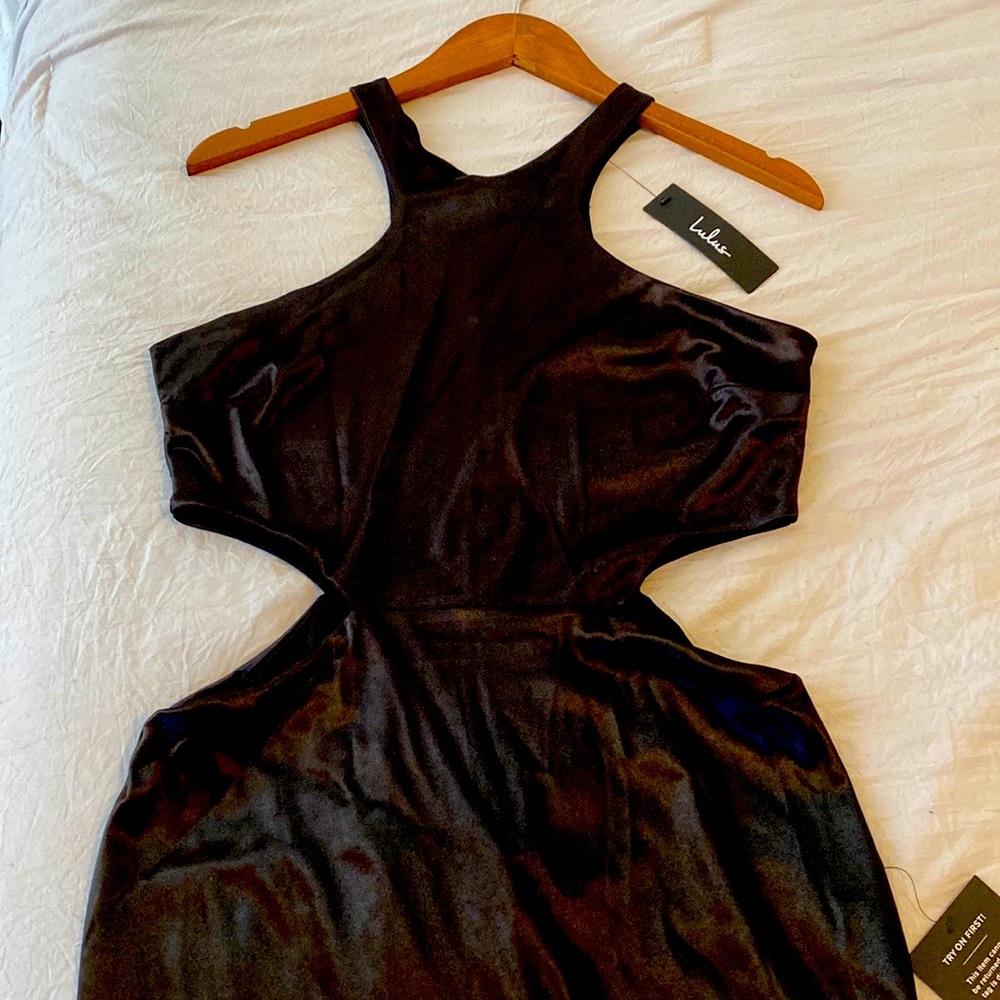 Sexy Black Satin Halter Cutout Maxi Dress- Lulu’s